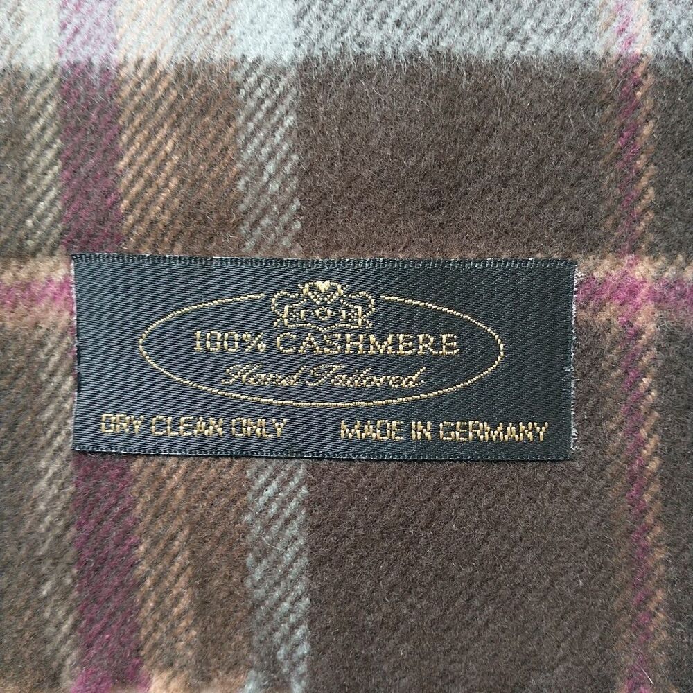100% Cashmere Scarf Hand Tailored Brown Blue Plaid Fringe Rectangle  Germany 63" - Picture 6 of 7